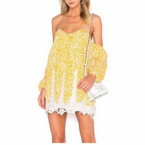 Lovers + Friends Dresses & Skirts - Lovers + Friends | Fairy Off Shoulder Crochet Mosaic Mustard Mini Dress